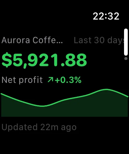 The WooFinance Apple Watch app: net profit for the last 30 days with a trend line.